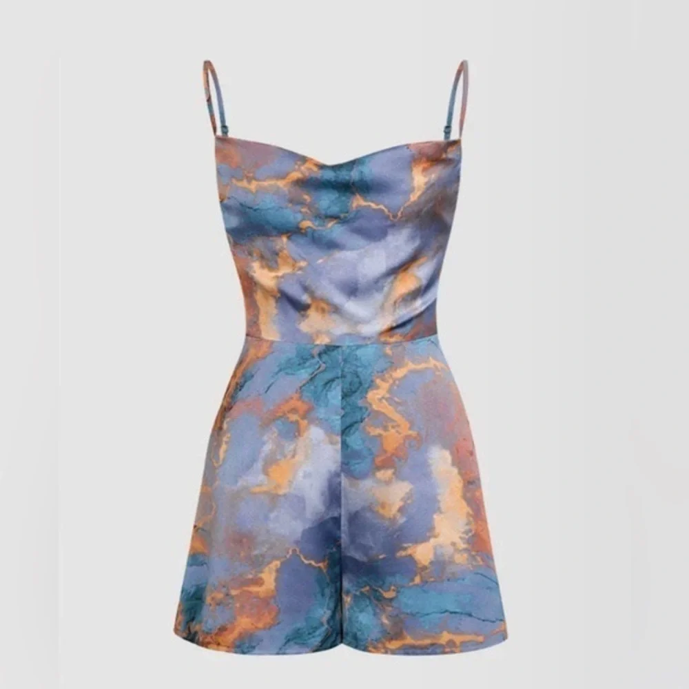 MICAS Abstract Print Drape Front Satin Romper Size Small